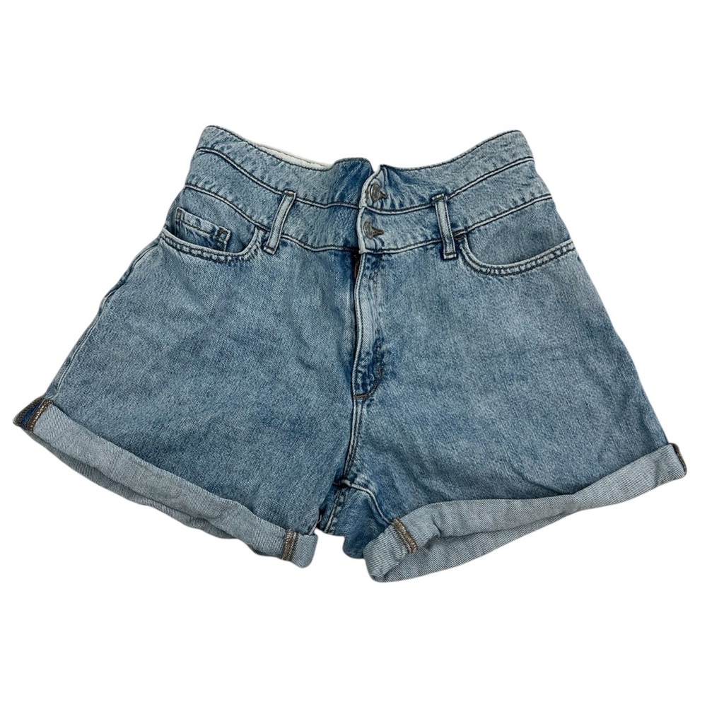Blue High-Waisted Jean Shorts with Cuffed Hem